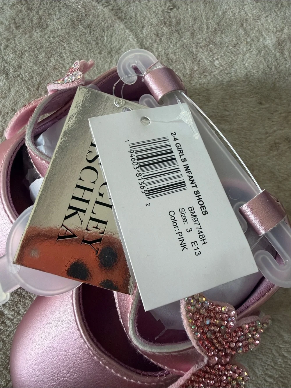 Badgley Mischka Metallic Pink Baby Mary Jane Shoes with Crystal Butterfly